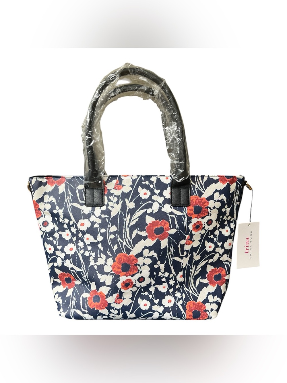 Trina Turk Floral Navy Tote Bag with Red Accents - Picture 2 of 4